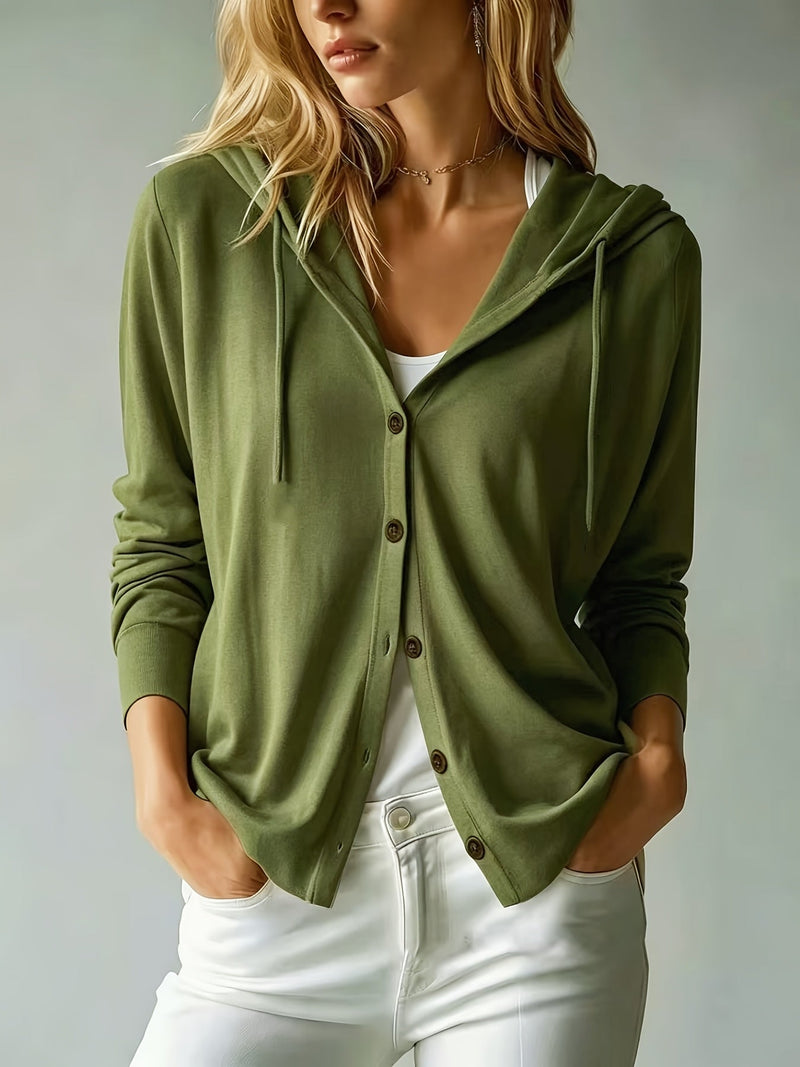 Military Green Hooded Cardigan with Buttons