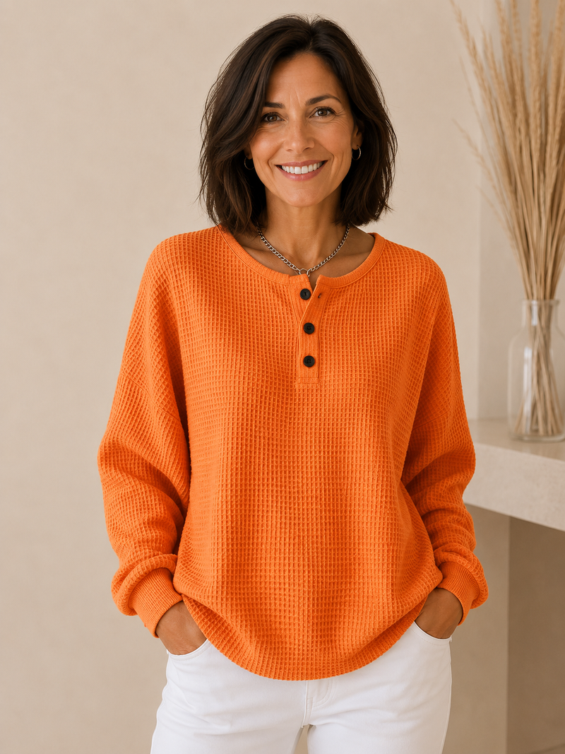 Mirabel | Cosy Waffle-Knit Henley Sweatshirt