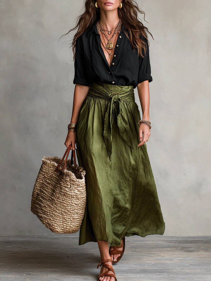 Carmen | Two-piece set: black top and olive green midi skirt