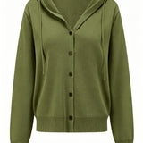 Military Green Hooded Cardigan with Buttons