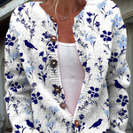 Vynora | Vintage Floral Bird-Print Button-Up Cardigan