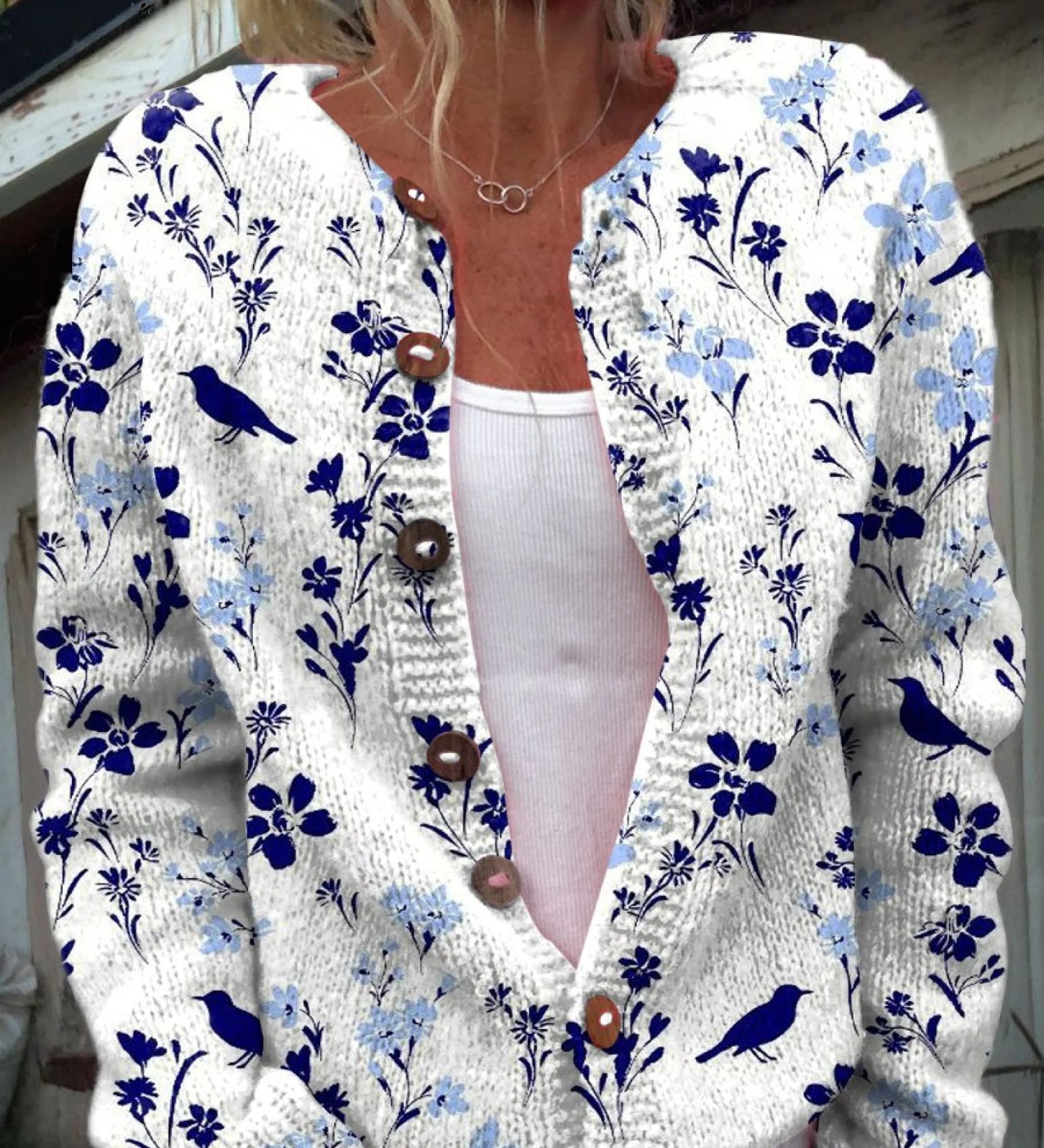 Vynora | Vintage Floral Bird-Print Button-Up Cardigan