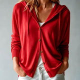 Red Hooded Cardigan with Buttons