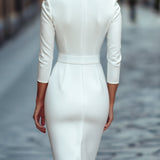 HARRIET | Belted Sheath Midi Dress with Mandarin Collar