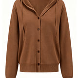 Coffee Brown Hooded Cardigan with Buttons