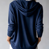 Navy Blue Hooded Cardigan with Buttons
