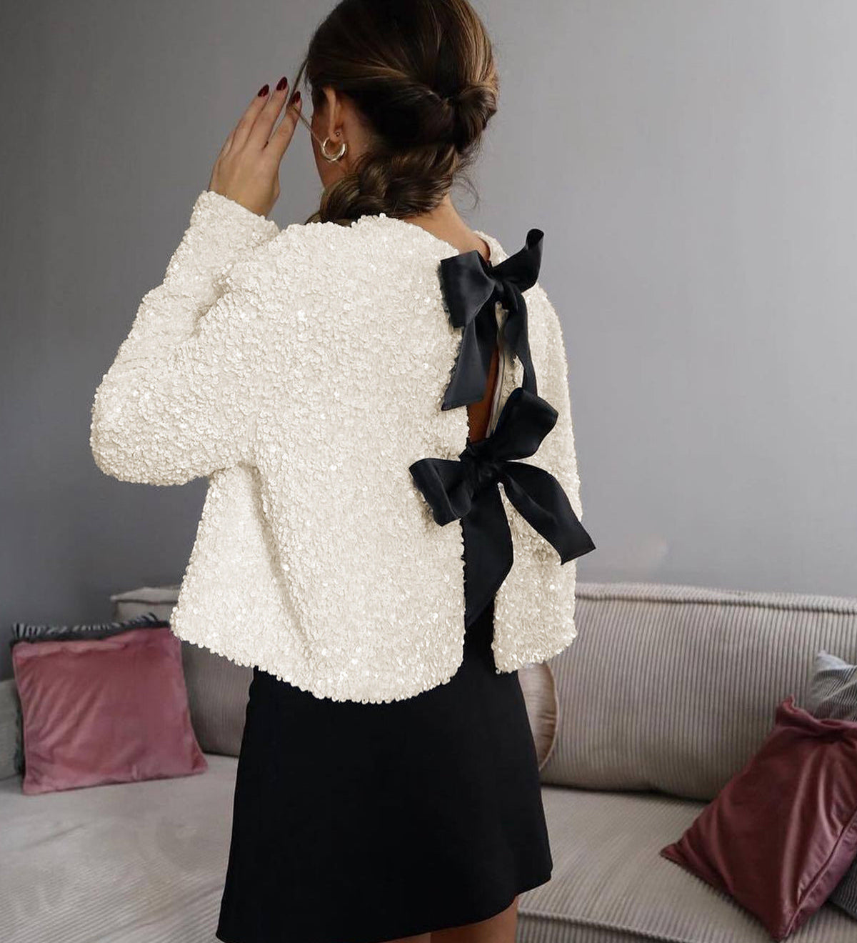 Lavinia | Textured Sequin Jacket with Velvet Bow Detail