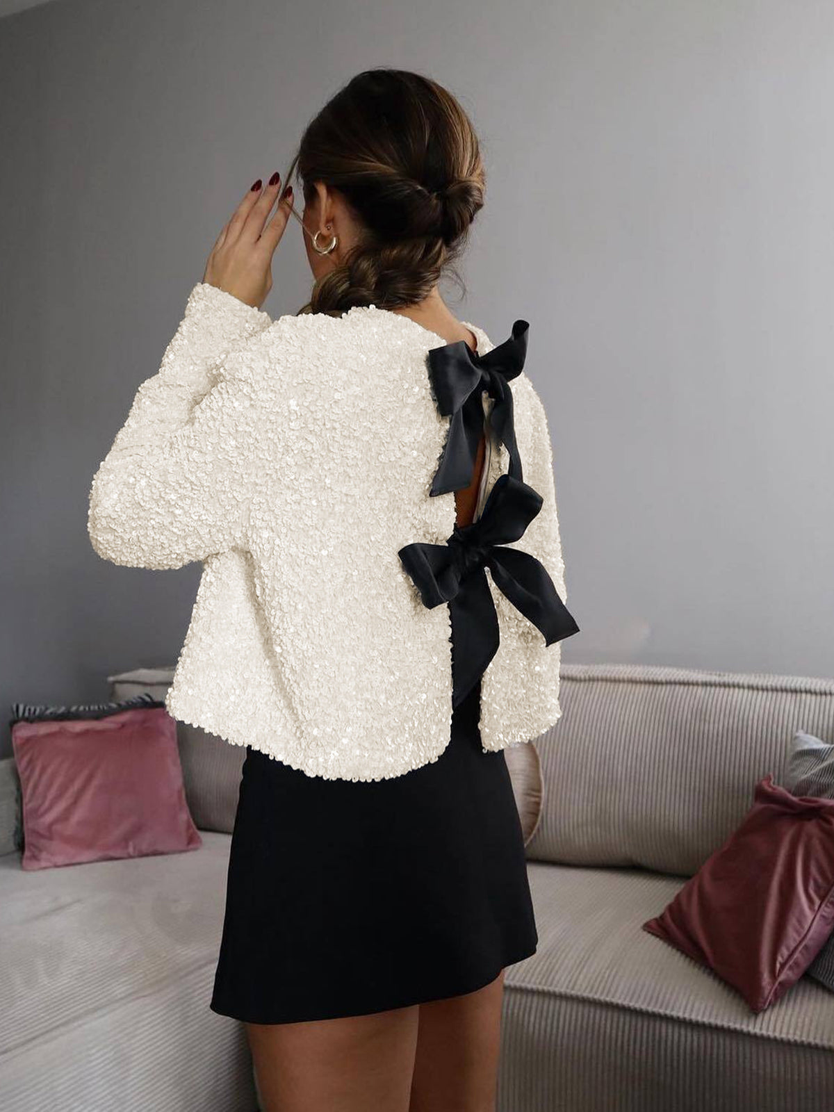 Lavinia | Textured Sequin Jacket with Velvet Bow Detail