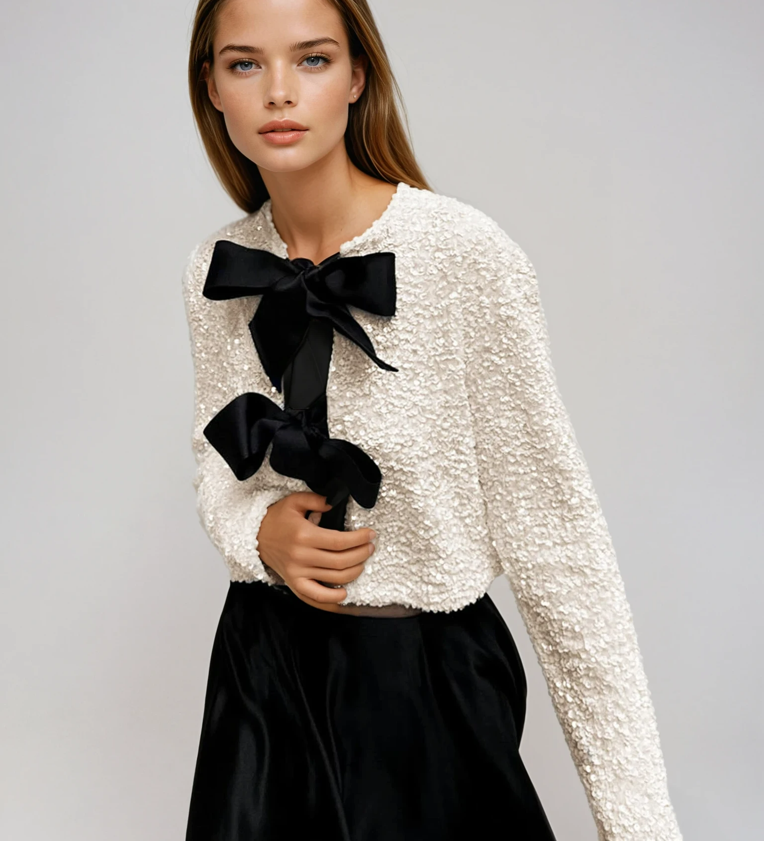 Lavinia | Textured Sequin Jacket with Velvet Bow Detail