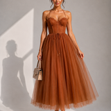 VIOLET | Tulle Corset Midi Dress with Open Back