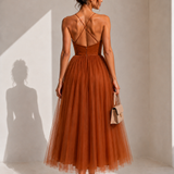 VIOLET | Tulle Corset Midi Dress with Open Back