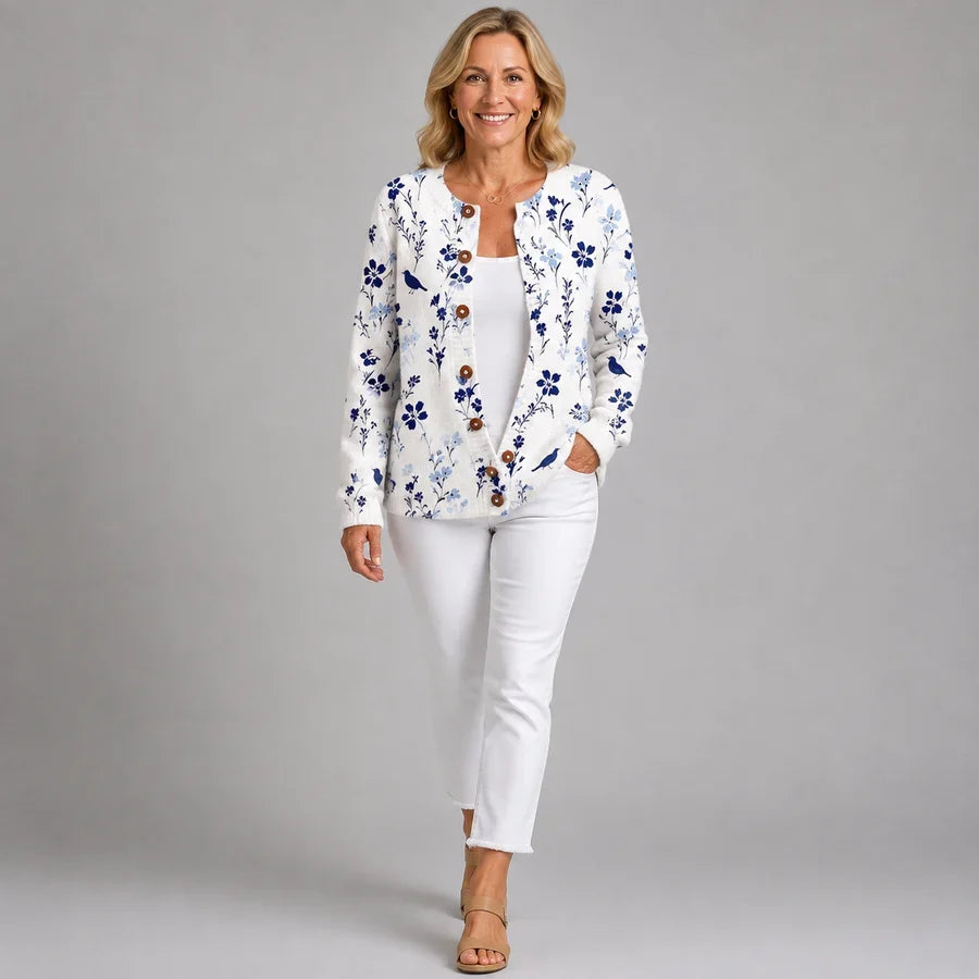 Vynora | Vintage Floral Bird-Print Button-Up Cardigan