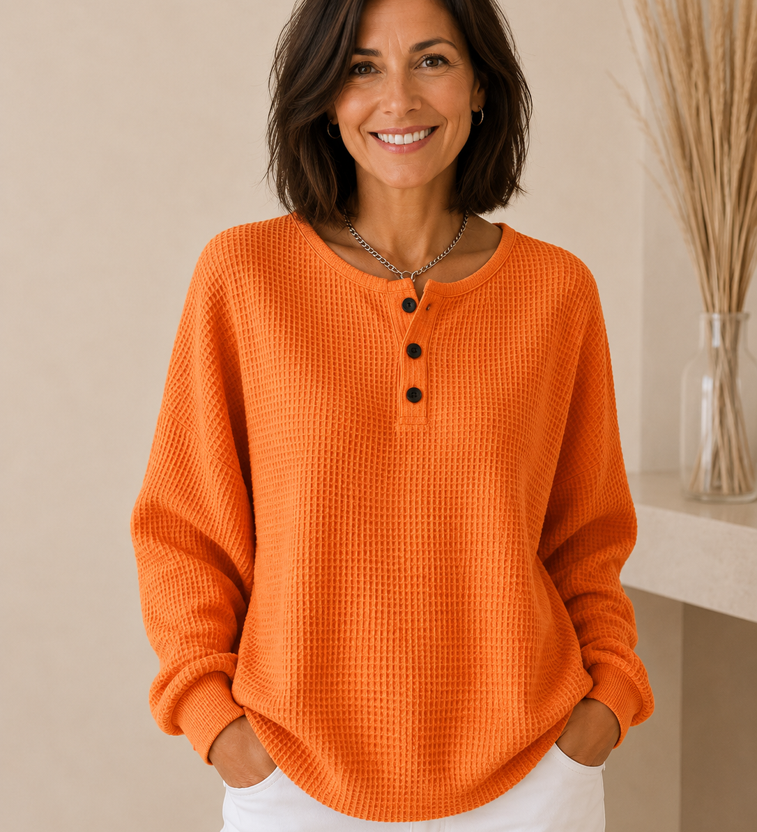 Mirabel | Cosy Waffle-Knit Henley Sweatshirt
