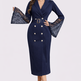 VIVIENNE | Belted Lace Sleeve Midi Dress