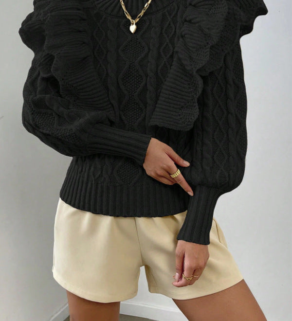Kylie | Women's Ruffle Cable Knit Long Sleeve Sweater