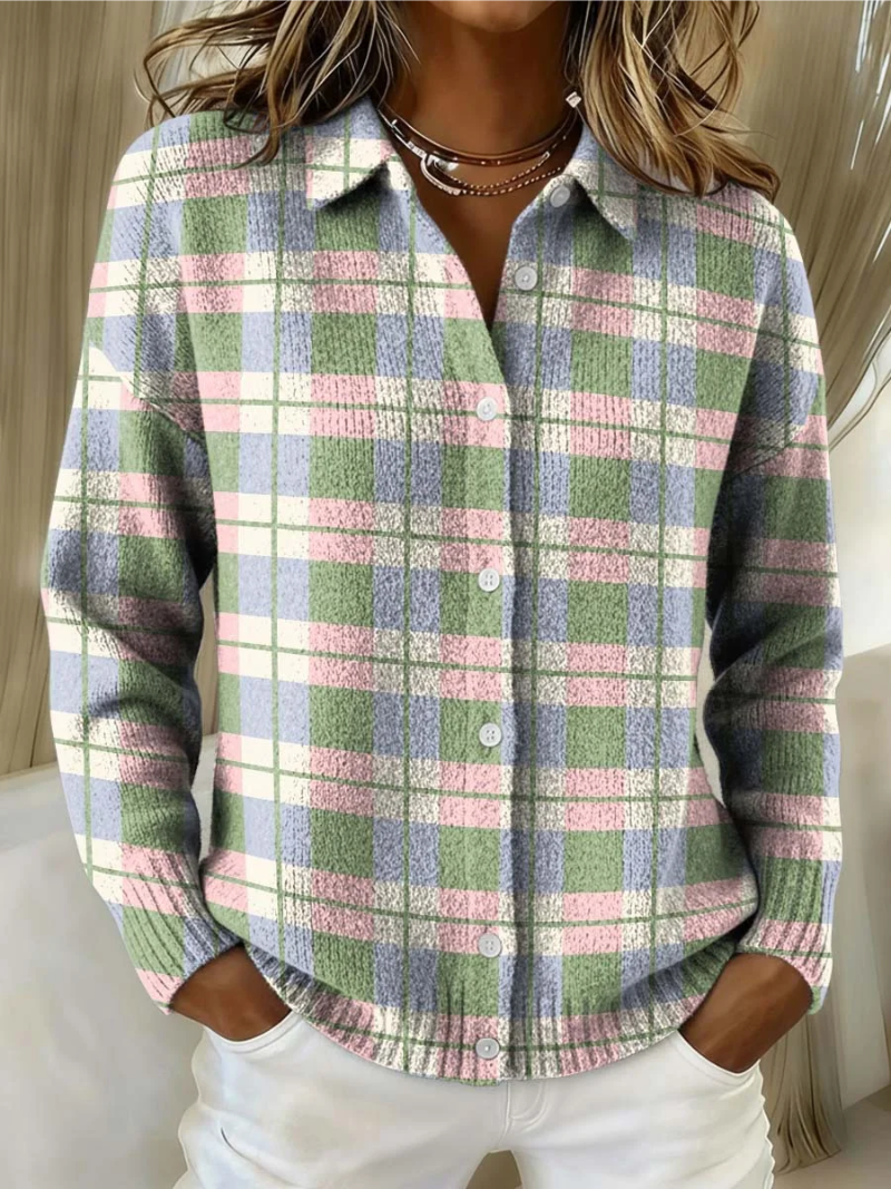 Simone | Buttoned Pastel Checked Cardigan