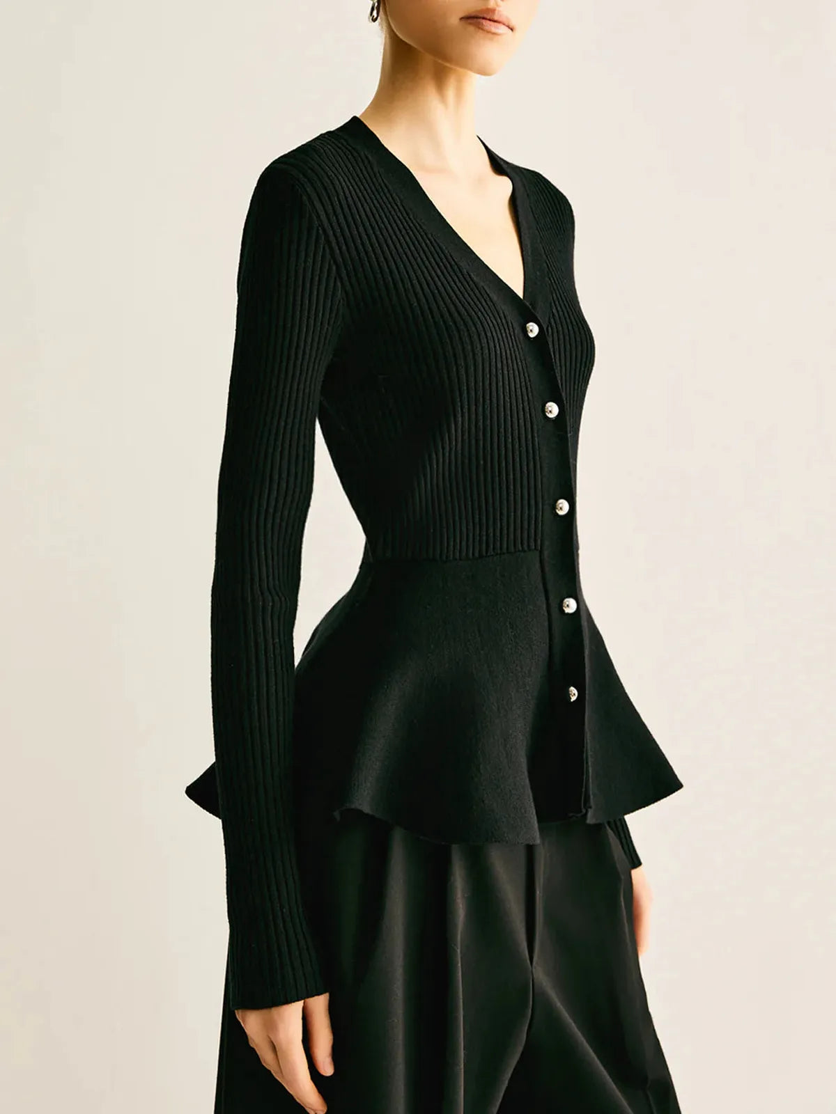 Marjorie | Ribbed Knit Button-Up Peplum Top