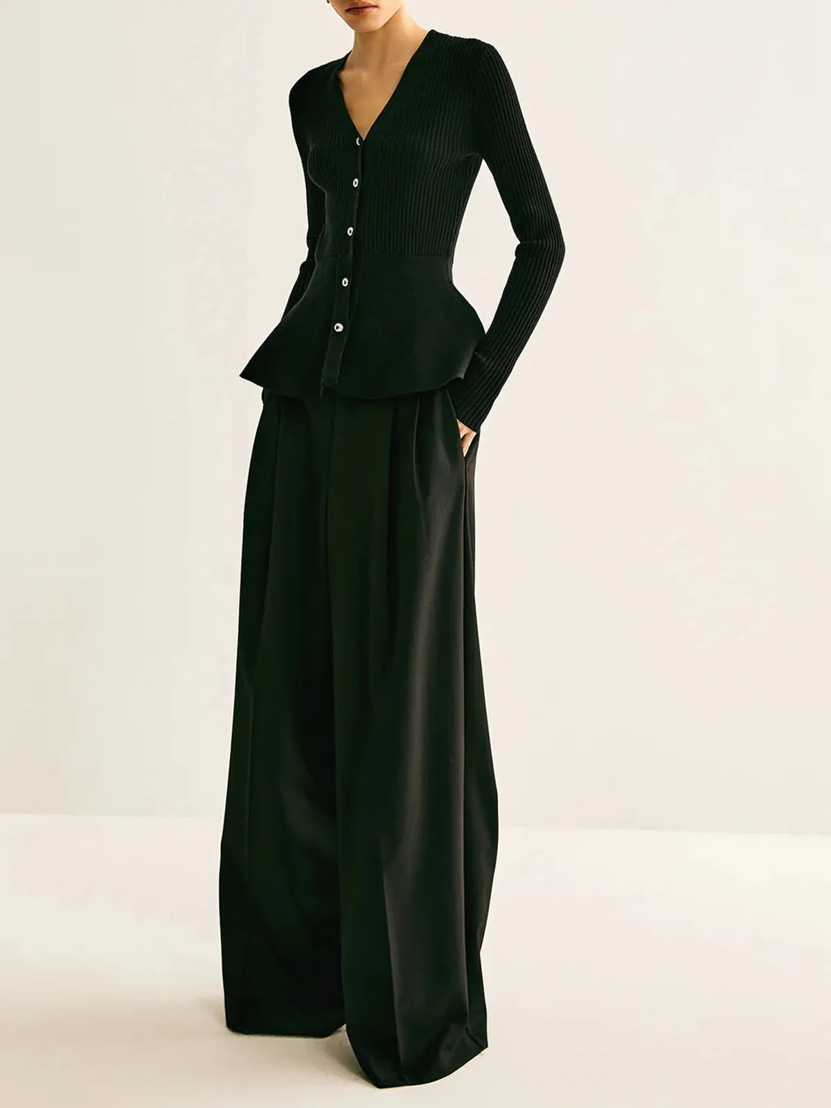Marjorie | Ribbed Knit Button-Up Peplum Top