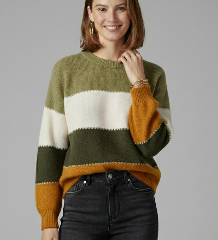 Freya | Women's Striped Round Neck Ribbed Trim Knit Sweater