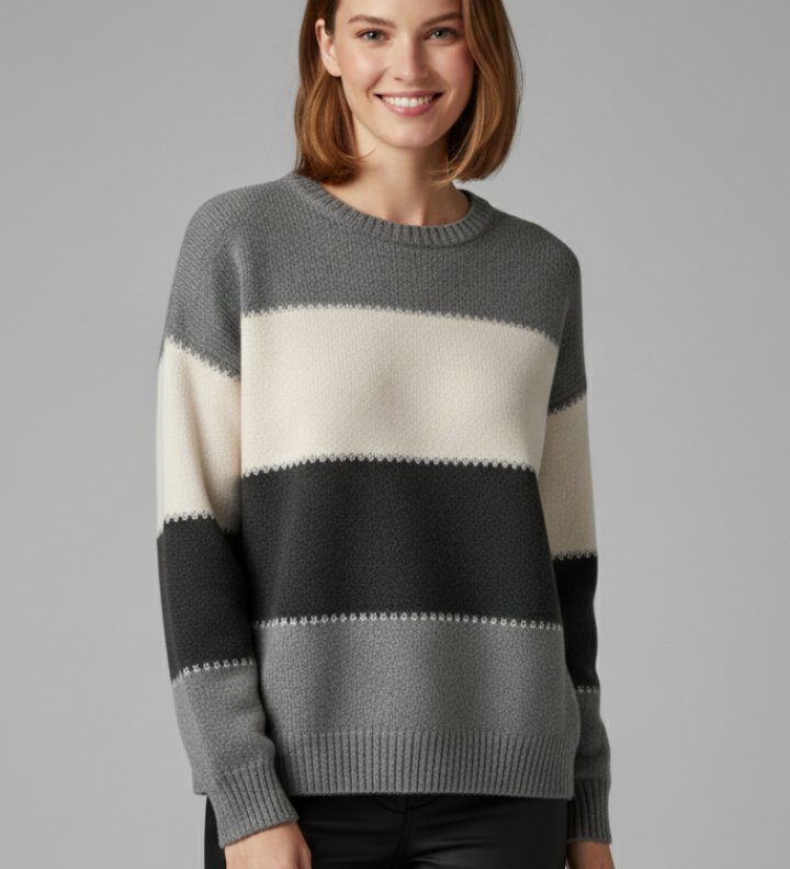 Freya | Women's Striped Round Neck Ribbed Trim Knit Sweater