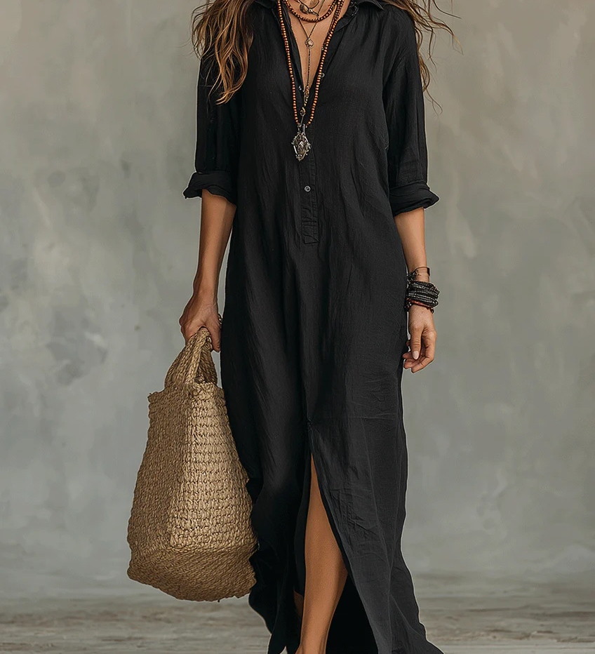 BEATRICE | Black Button-Front Maxi Dress