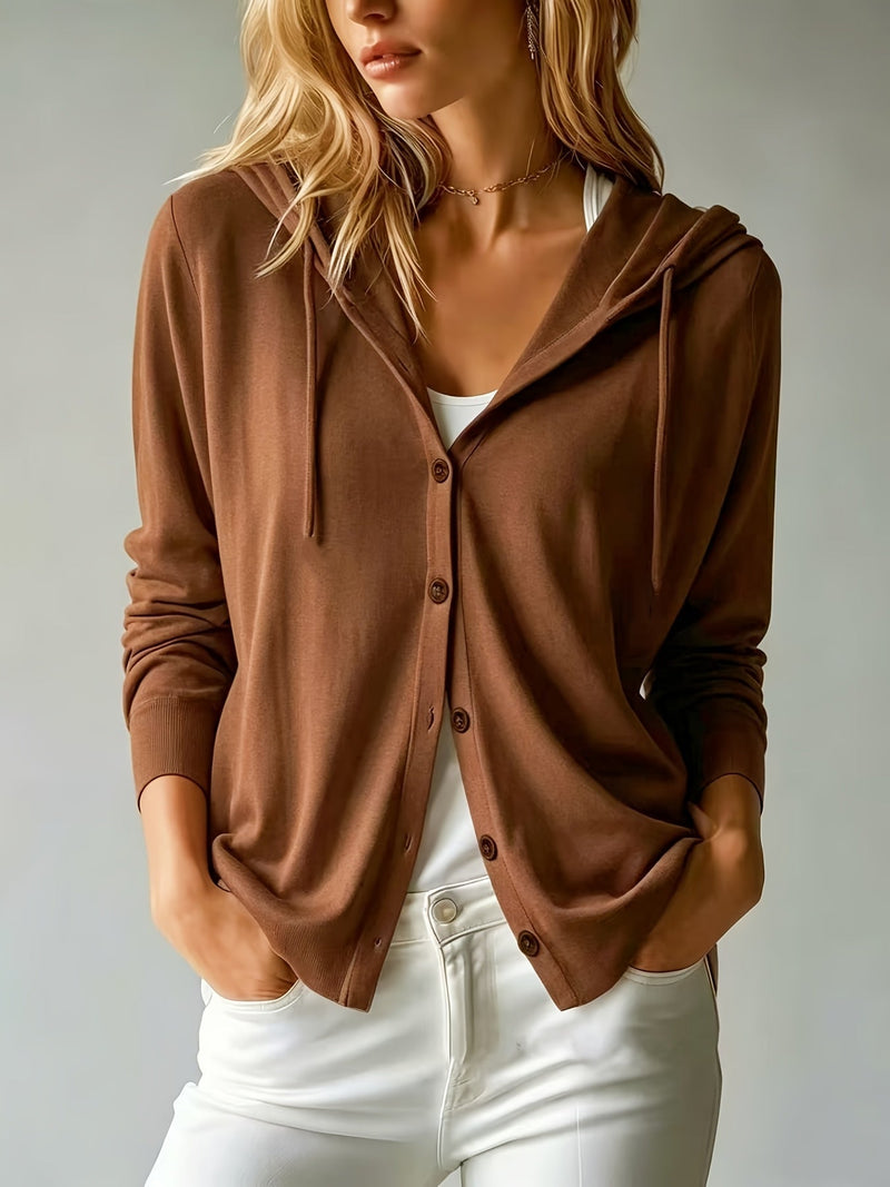Coffee Brown Hooded Cardigan with Buttons