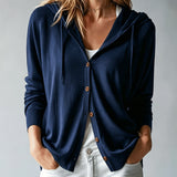 Navy Blue Hooded Cardigan with Buttons