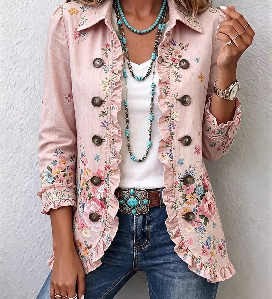 Bea | Floral Ruffle Jacket with Front Buttons