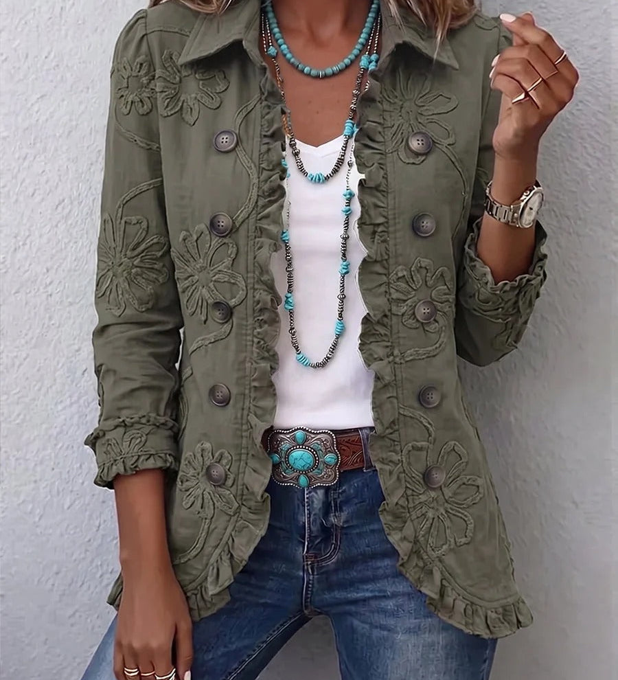 Karina | Boho-Chic Utility Jacket with Floral Embroidery and Ruffles