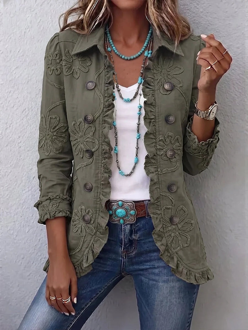 Karina | Boho-Chic Utility Jacket with Floral Embroidery and Ruffles