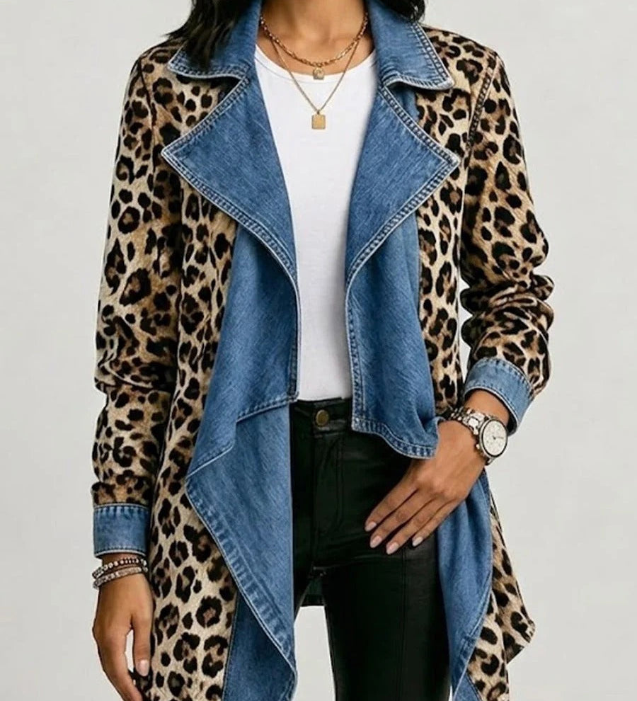 Sheila | Midi-Length Jacket with Faded Denim Panels and Leopard Print
