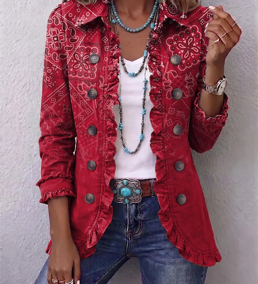 Gisela | Boho Ombré Paisley Print Jacket with Ruffles
