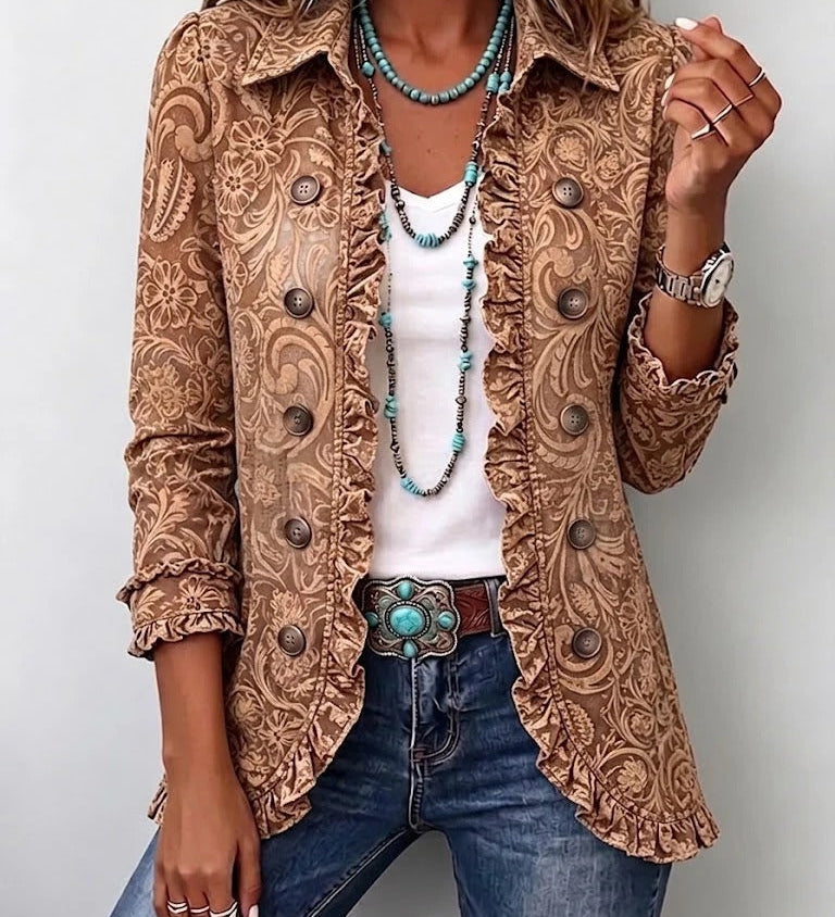 Victoria | Vintage Boho Floral Print Jacket with Ruffles