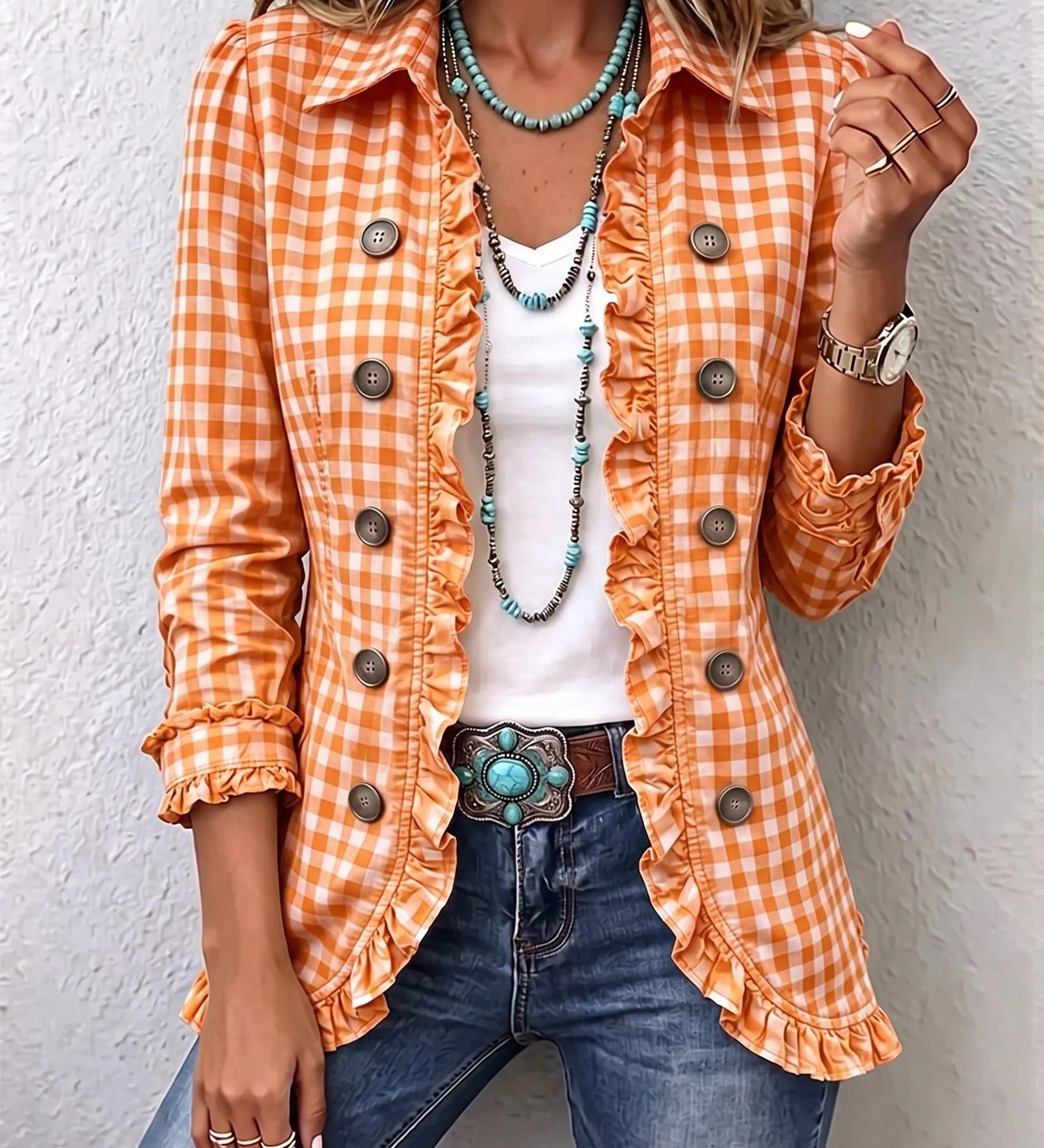 Carla | Buttoned Ruffle Jacket with Gingham Print