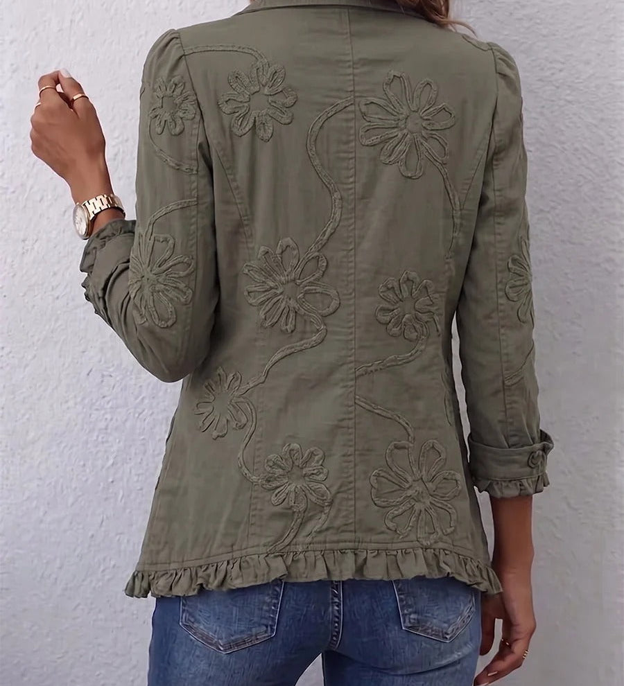 Karina | Boho-Chic Utility Jacket with Floral Embroidery and Ruffles