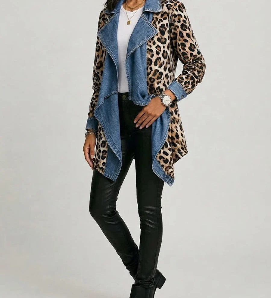 Sheila | Midi-Length Jacket with Faded Denim Panels and Leopard Print