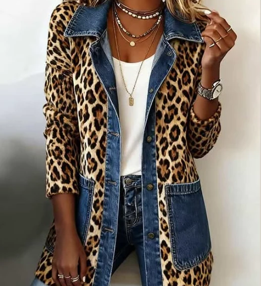 Fabiana | Long Denim Jacket with Contrast Panels and Leopard Print