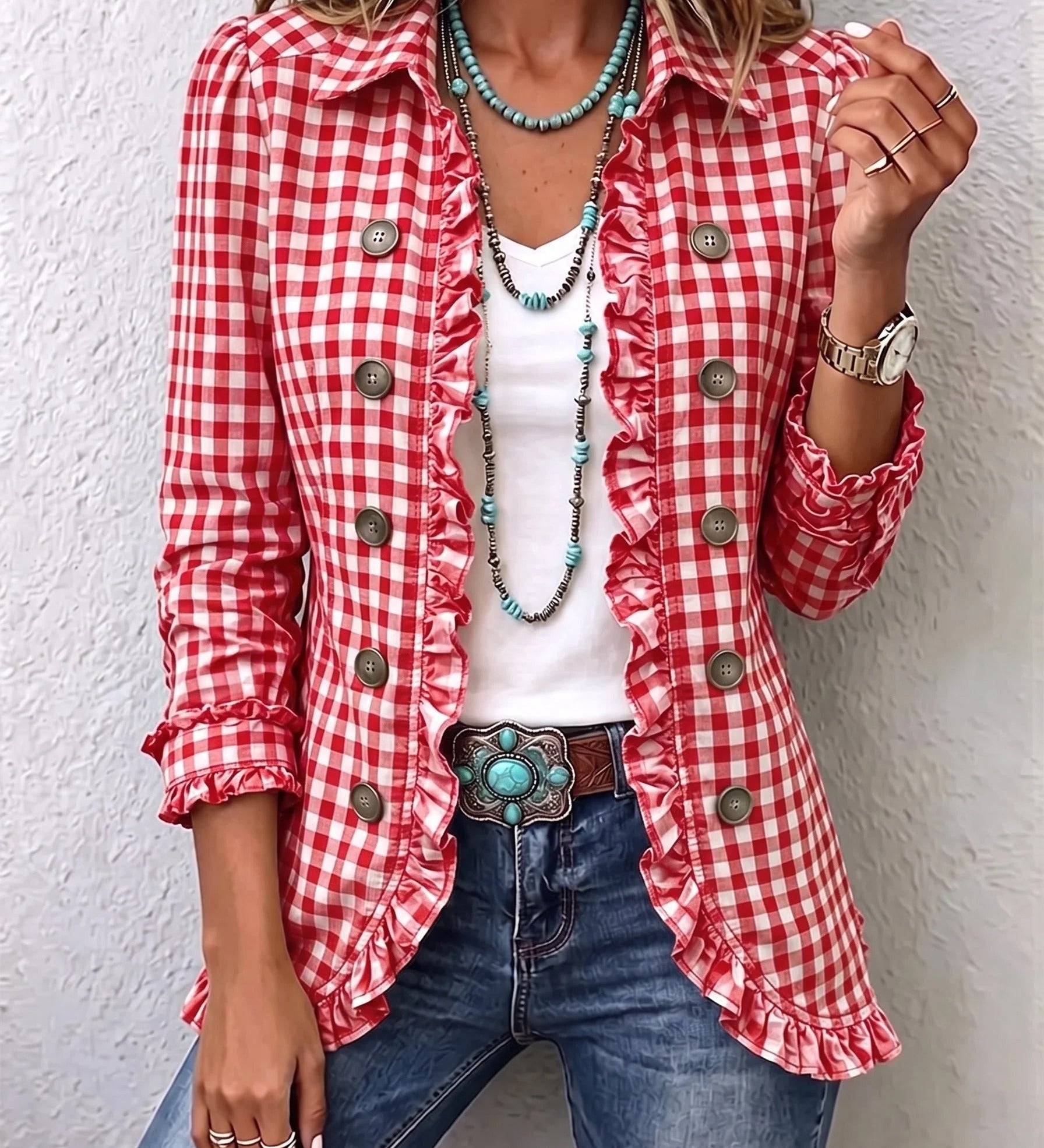 Carla | Buttoned Ruffle Jacket with Gingham Print
