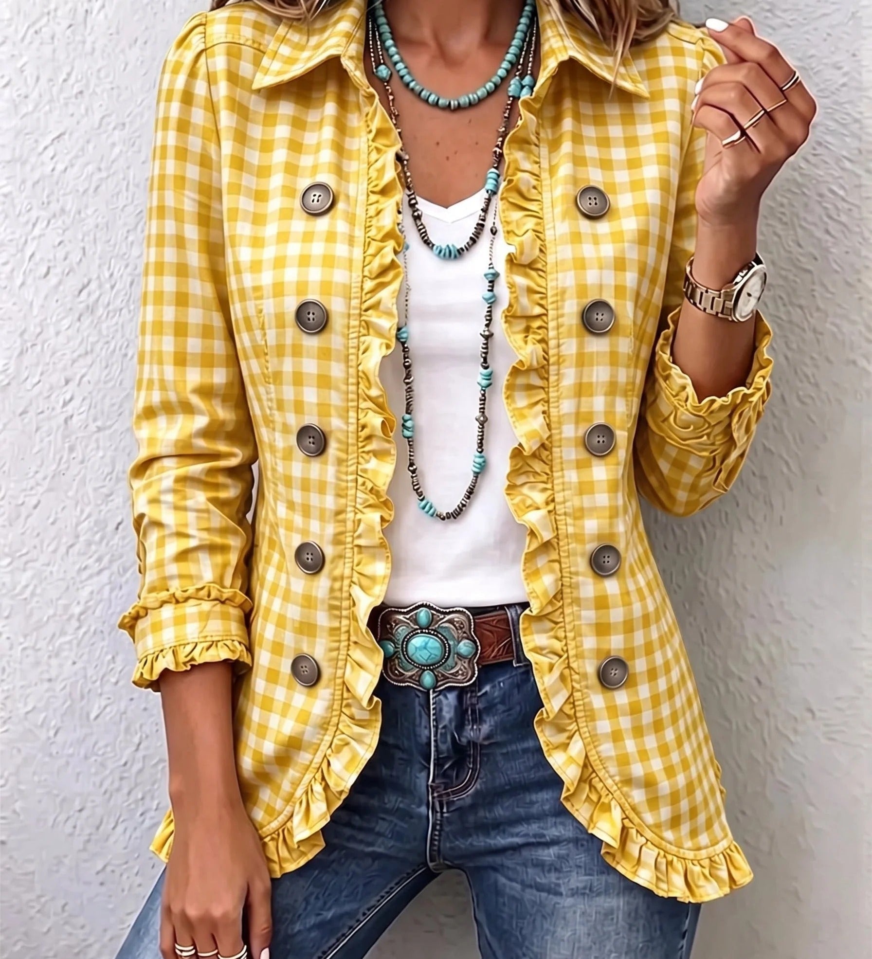 Carla | Buttoned Ruffle Jacket with Gingham Print