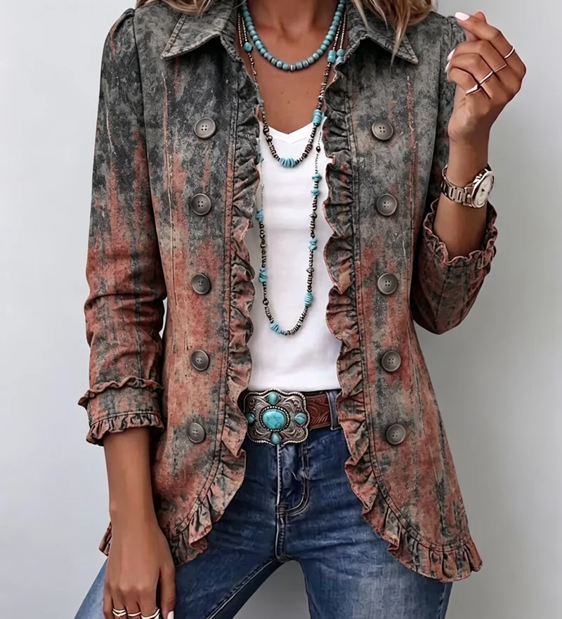 Berta | Vintage Textured Ombré Print Jacket with Ruffles