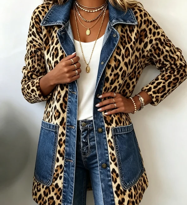 Fabiana | Long Denim Jacket with Contrast Panels and Leopard Print