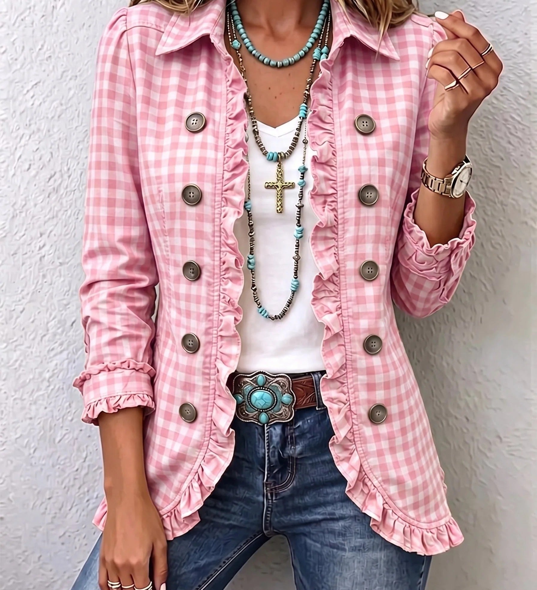 Carla | Buttoned Ruffle Jacket with Gingham Print