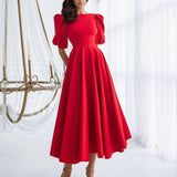 EMILY | Puff Sleeve Midi Dress with Pearl Buttons
